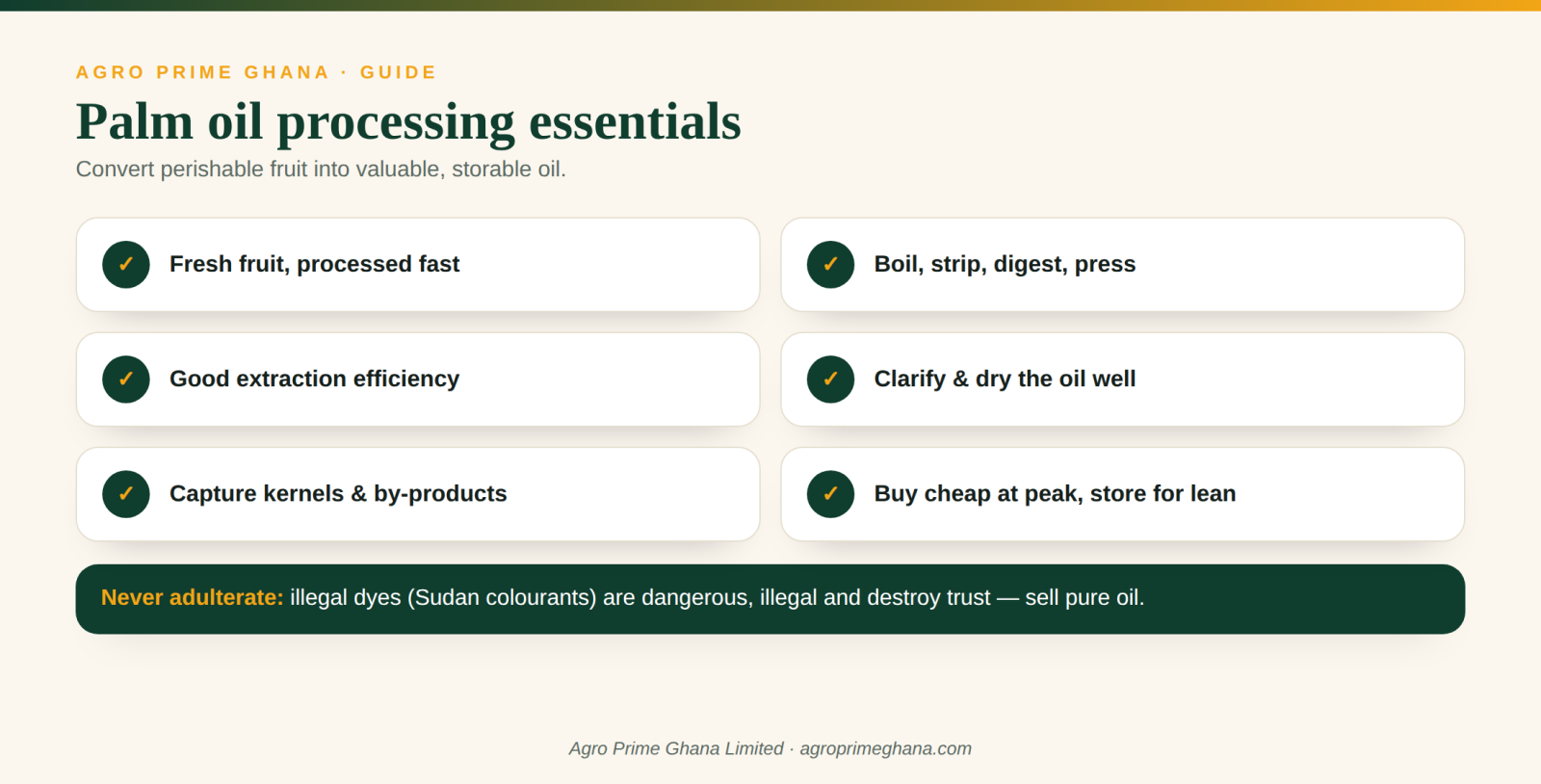 Palm oil processing essentials for Ghana, including never adulterating with illegal dyes