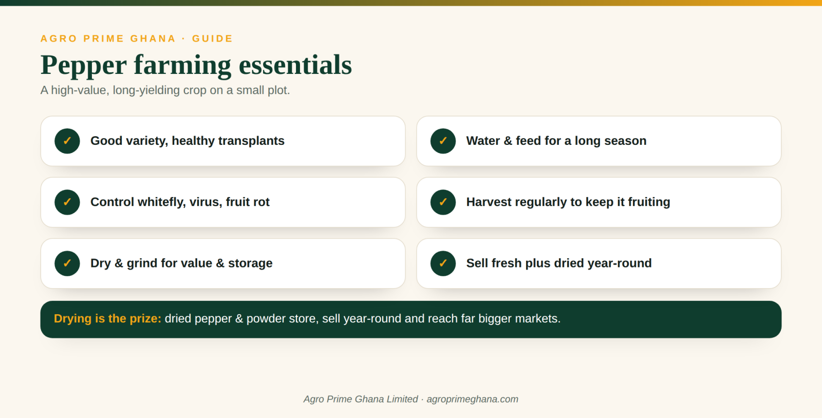 Pepper farming essentials: healthy transplants, long-season feeding, pest control, regular harvest and drying for value