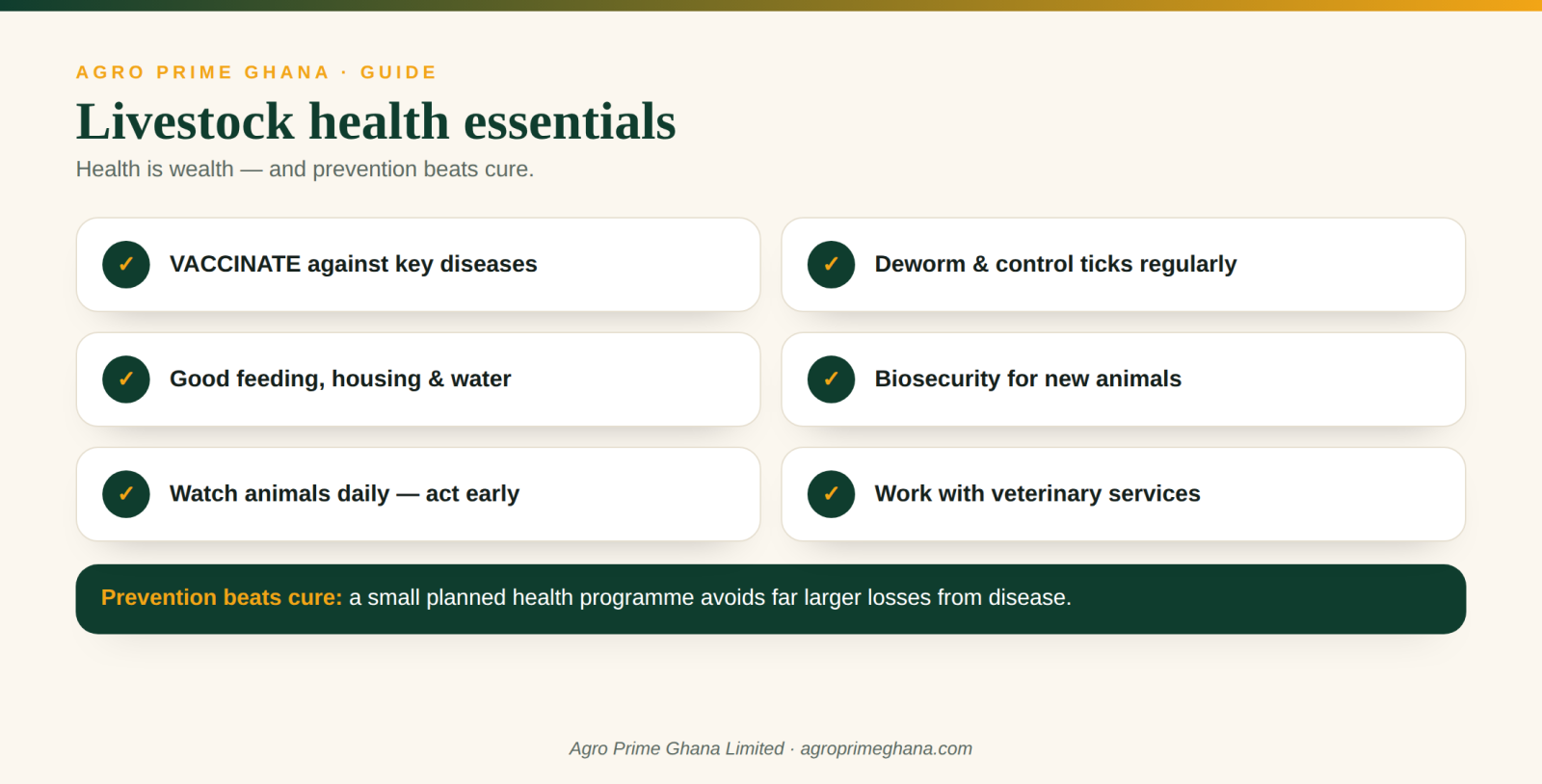 Livestock health essentials: vaccination, parasite control, good husbandry, biosecurity and daily watchfulness