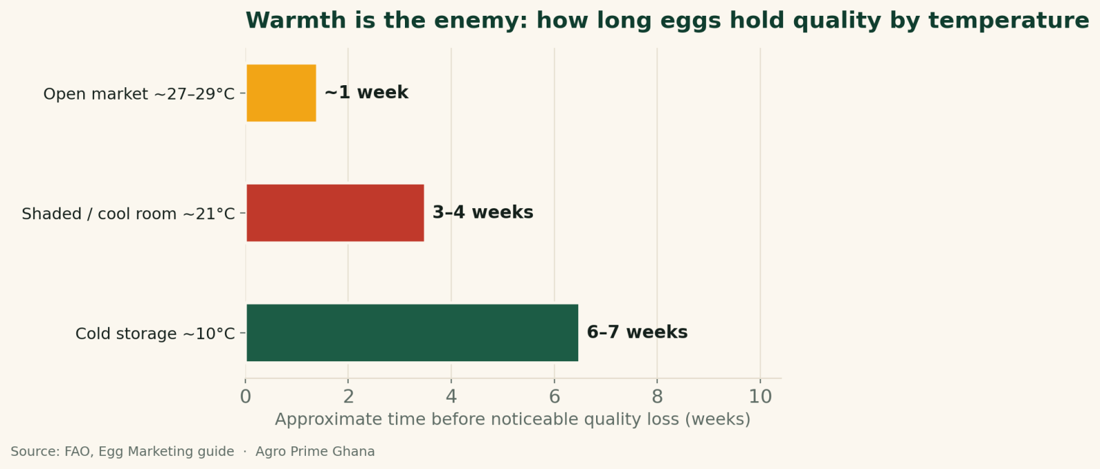 Horizontal bar chart showing eggs hold quality about 1 week at 27-29C, 3-4 weeks at 21C and 6-7 weeks at 10C. Source: FAO.