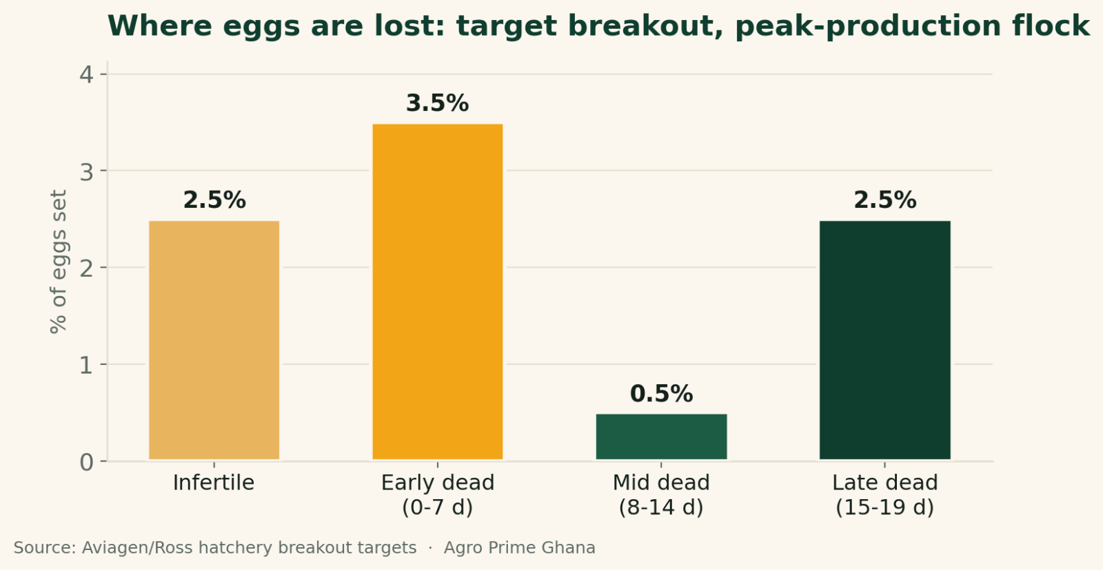 Bar chart of a target egg breakout for a peak-production flock: 2.5% infertile, 3.5% early dead, 0.5% mid dead and 2.5% late dead of eggs set. Source: Aviagen/Ross.