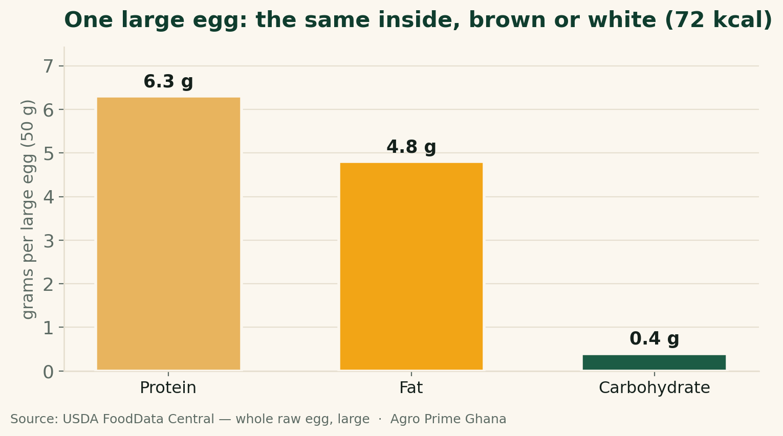 Bar chart of one large egg's nutrition (6.3g protein, 4.8g fat, 0.4g carbohydrate, 72 kcal), identical whether the shell is brown or white. Source: USDA.