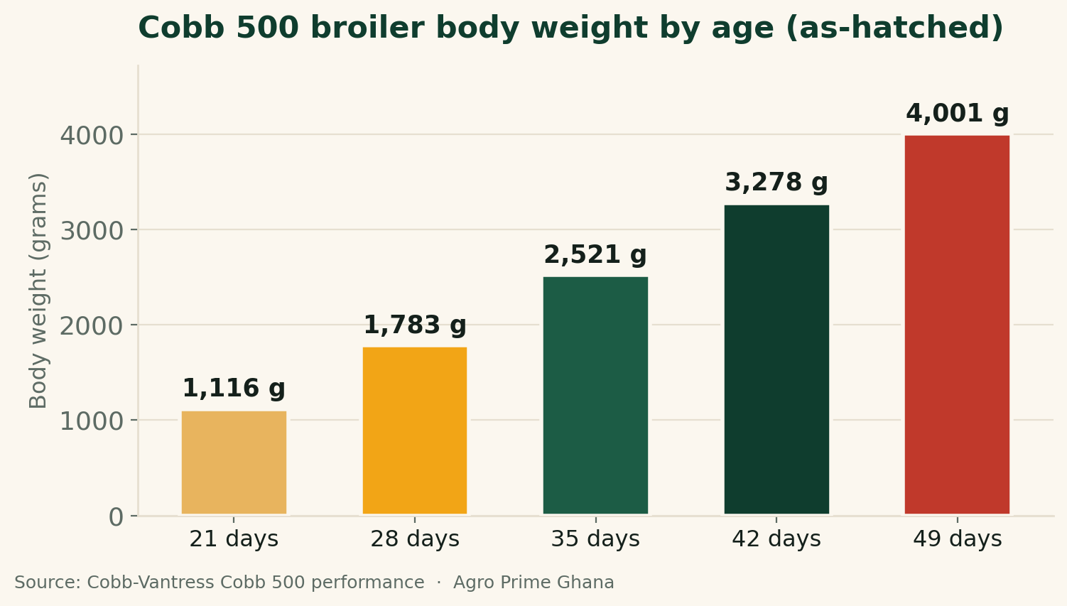 Bar chart of Cobb 500 broiler live weight by age from day 21 to day 42, climbing from about 1.1 kg to 3.3 kg. Source: Cobb-Vantress.