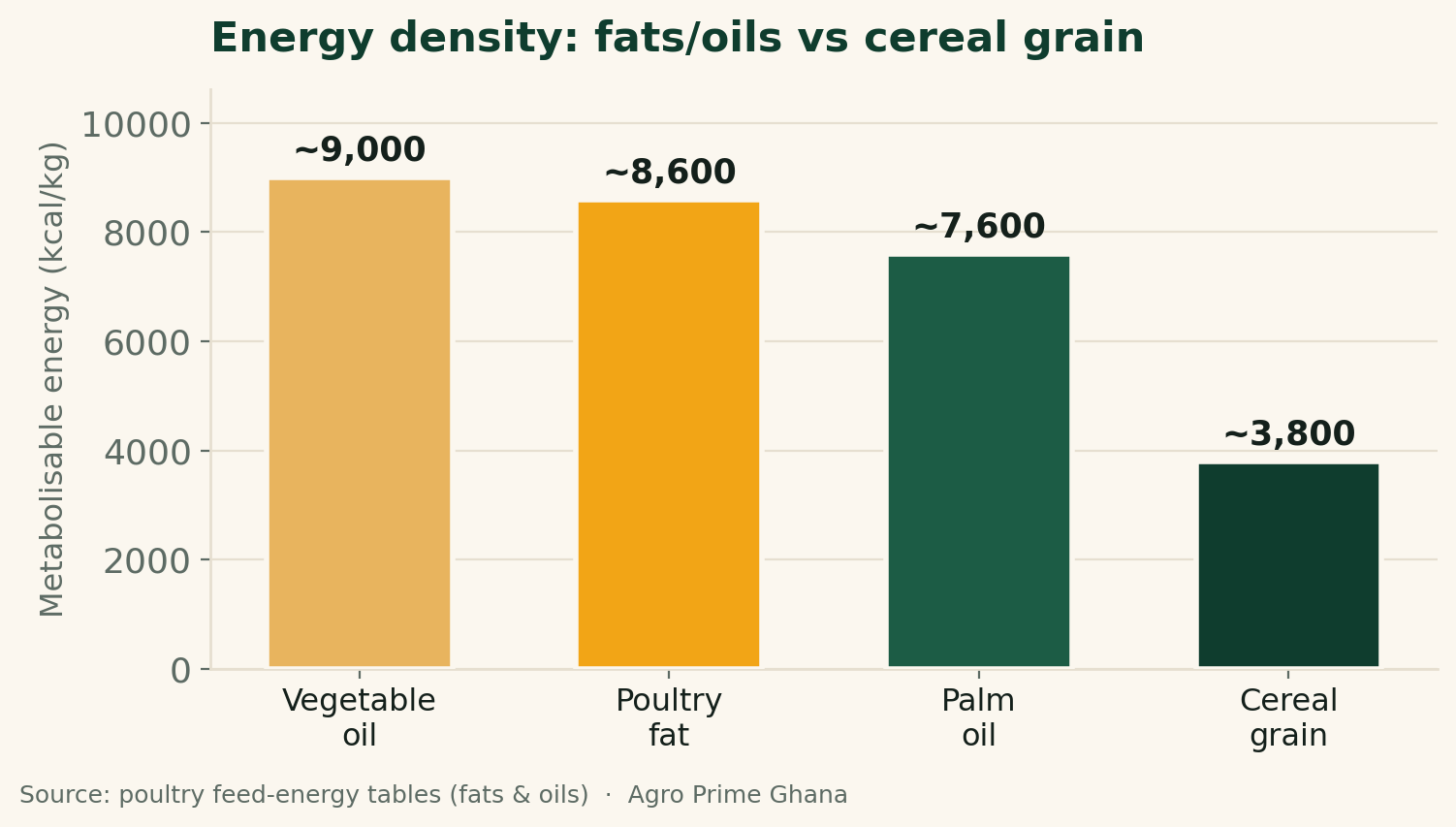 Bar chart of metabolisable energy: vegetable oil ~9,000, poultry fat ~8,600, palm oil ~7,600 kcal/kg versus cereal grain ~3,800. Source: poultry feed-energy tables.