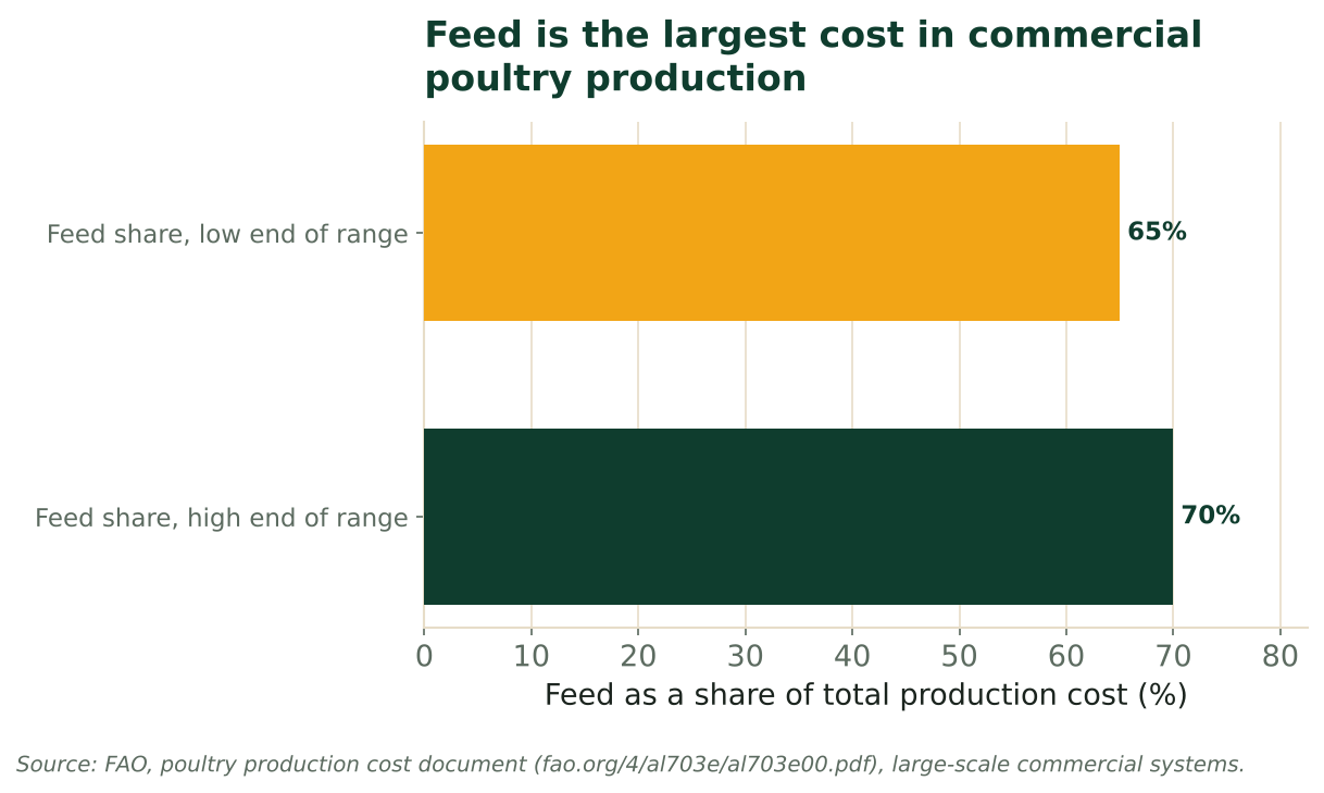 Horizontal bar chart showing feed at 65 and 70 percent of production cost in large-scale commercial poultry systems. Source: FAO (al703e).