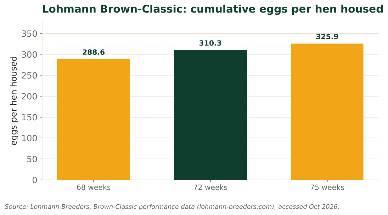 Bars show cumulative eggs per hen housed for Lohmann Brown-Classic at 68, 72 and 75 weeks, rising from 289 to 326 eggs. Source: Lohmann Breeders Brown-Classic performance data.