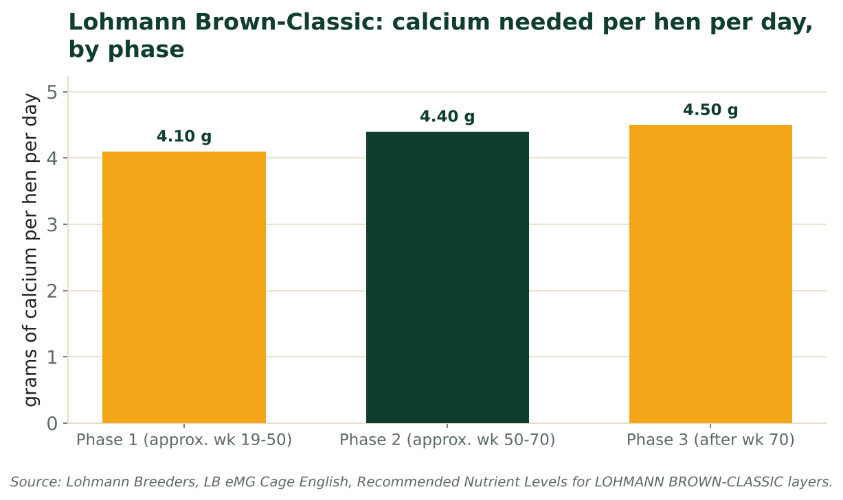 Bar chart of calcium needed per Lohmann Brown-Classic hen per day, rising from 4.10 g in phase 1 to 4.50 g after week 70. Source: Lohmann Breeders nutrient levels.